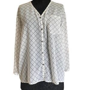 CAbi off white black pattern sheer button down relaxed fit blouse Small